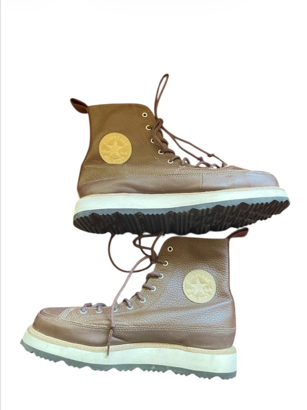 Brown Leather High-Top Lace-Up Boots with Cream Sole